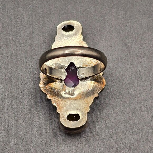 925 Silver-Plated Ring Size 7.5 VTG Glass Teardrop & Amber Cabochon Statement - Picture 4 of 14